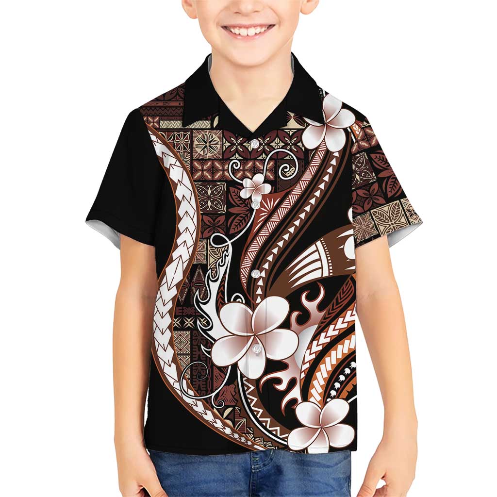 Samoa Siapo Tribal Pattern Kid Hawaiian Shirt Brown Polynesian Plumeria Tapa Motif
