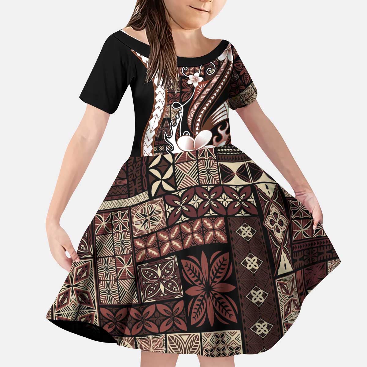 Samoa Siapo Tribal Pattern Kid Short Sleeve Dress Brown Polynesian Plumeria Tapa Motif LT9 KID Brown - Polynesian Pride