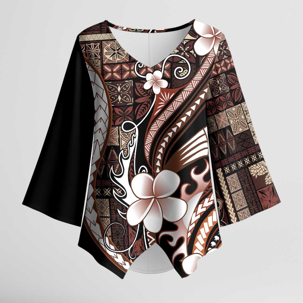 Samoa Siapo Tribal Pattern Kimono Sleeve Blouse Brown Polynesian Plumeria Tapa Motif LT9 Female Brown - Polynesian Pride