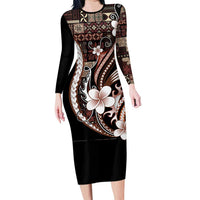Samoa Siapo Tribal Pattern Long Sleeve Bodycon Dress Brown Polynesian Plumeria Tapa Motif