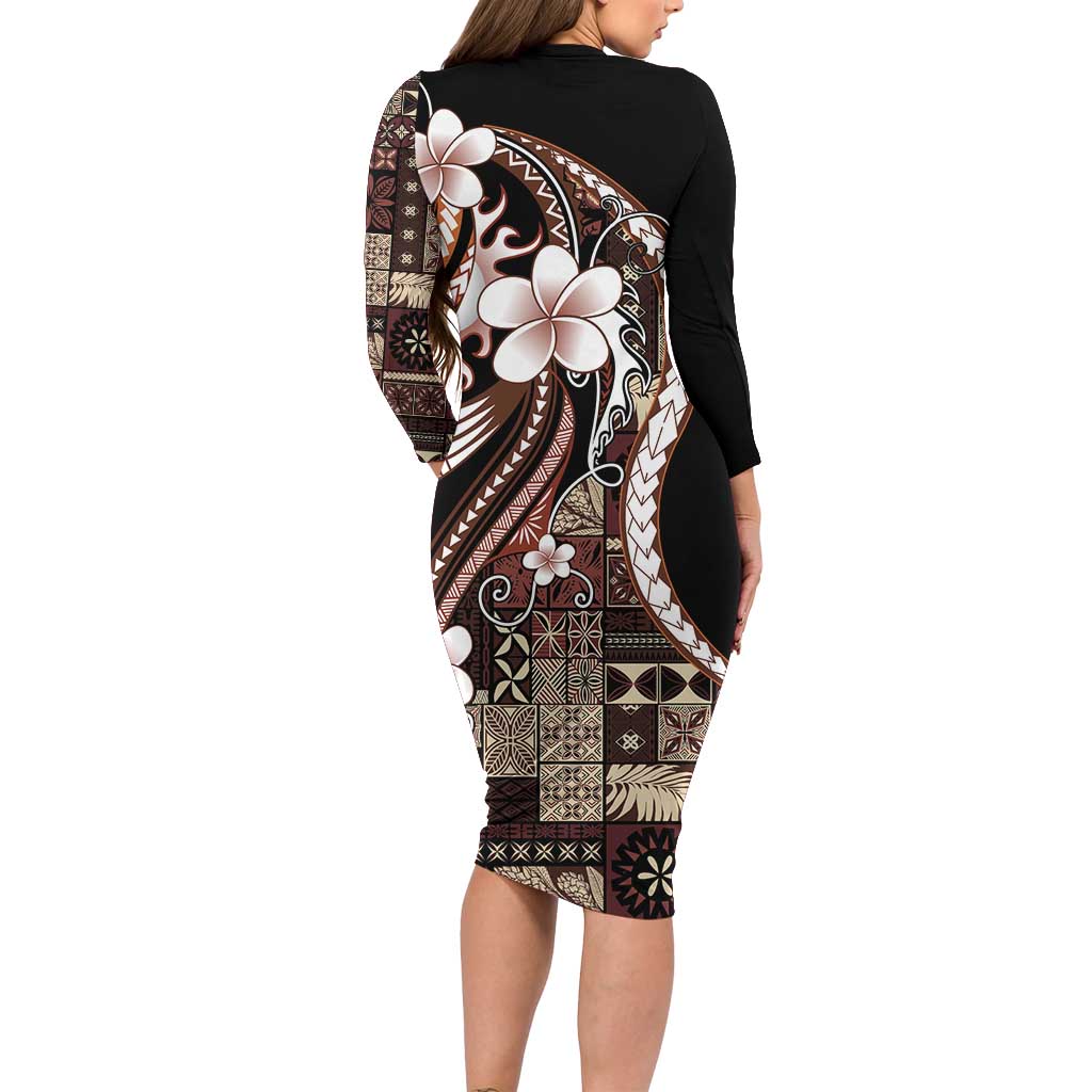 Samoa Siapo Tribal Pattern Long Sleeve Bodycon Dress Brown Polynesian Plumeria Tapa Motif
