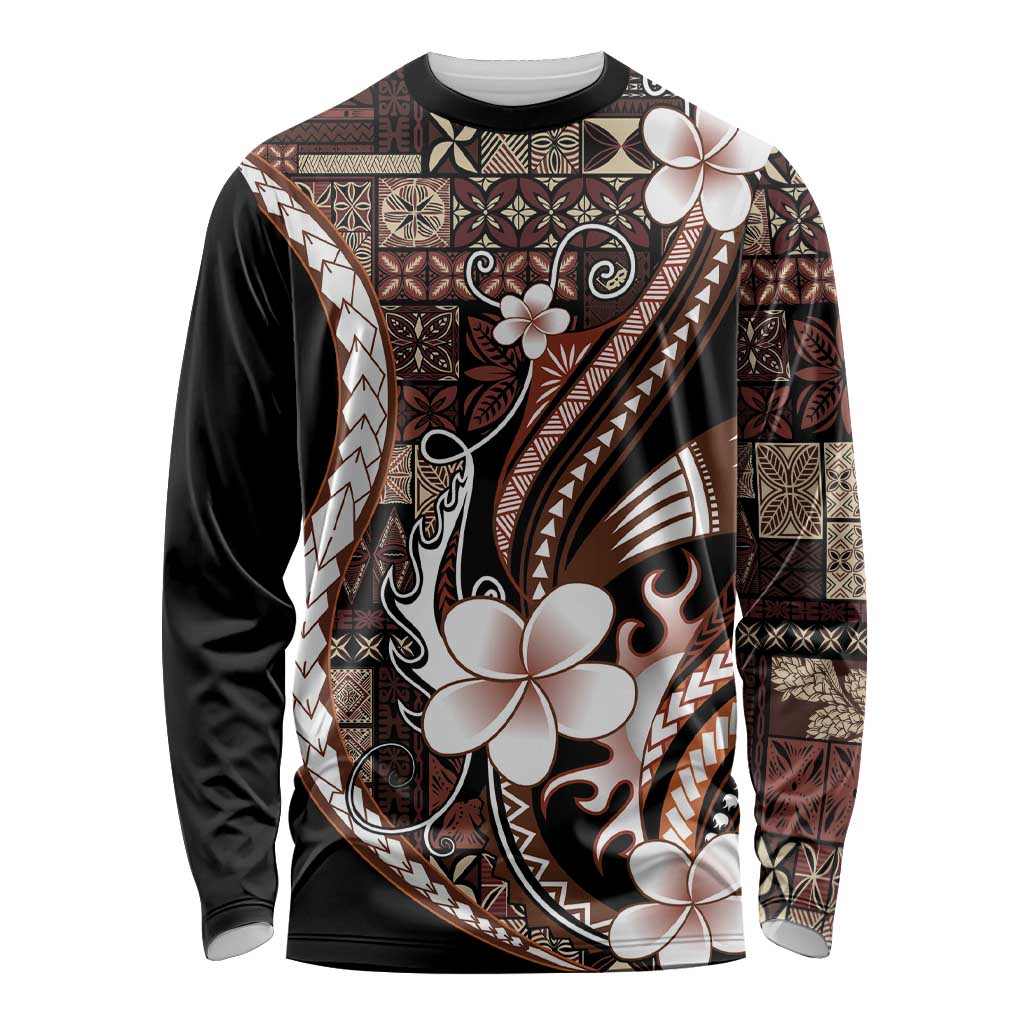 Samoa Siapo Tribal Pattern Long Sleeve Shirt Brown Polynesian Plumeria Tapa Motif LT9 Unisex Brown - Polynesian Pride