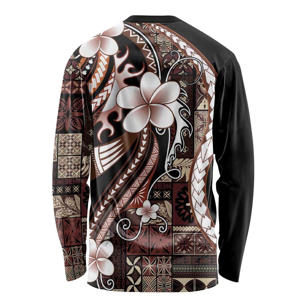 Samoa Siapo Tribal Pattern Long Sleeve Shirt Brown Polynesian Plumeria Tapa Motif LT9 - Polynesian Pride