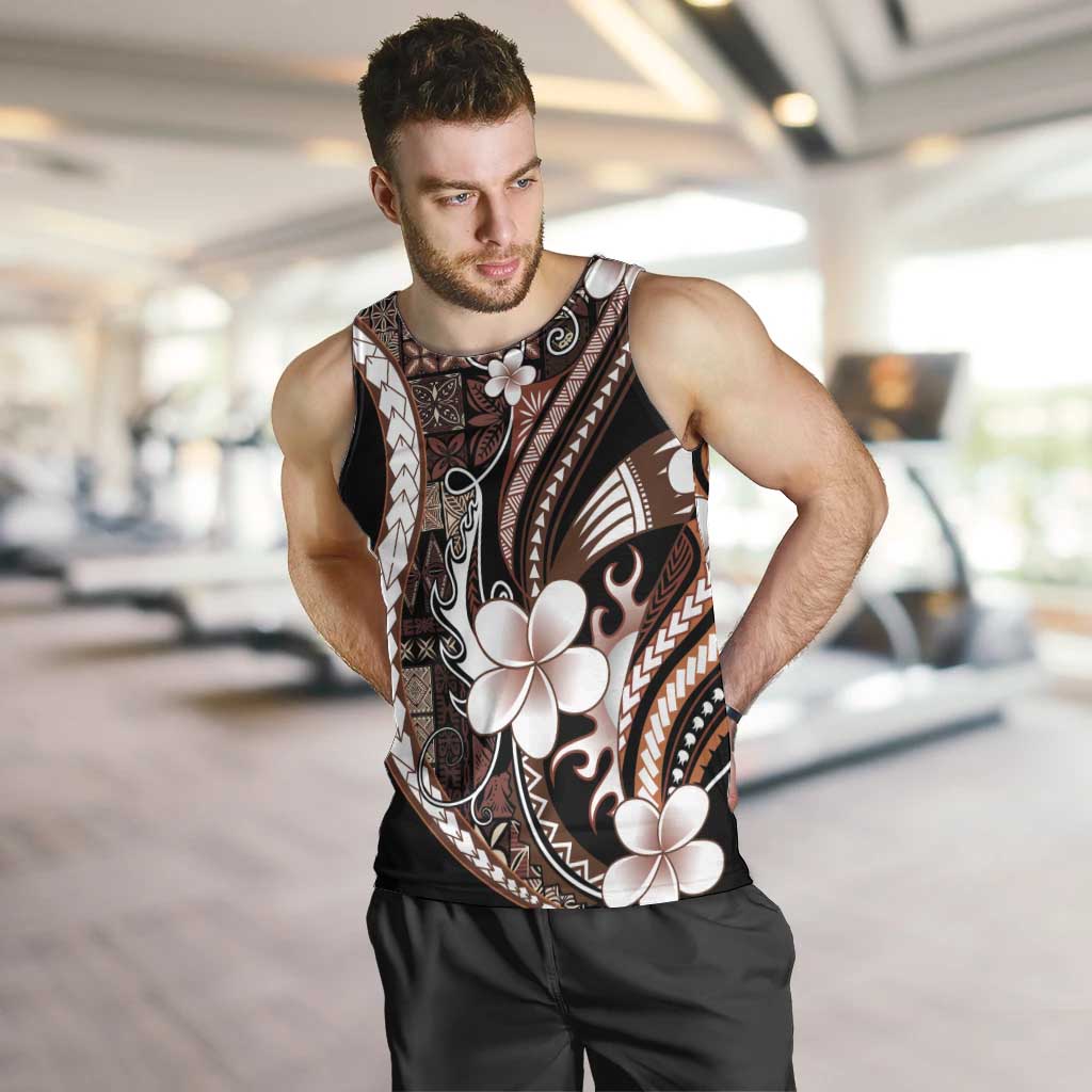 Samoa Siapo Tribal Pattern Men Tank Top Brown Polynesian Plumeria Tapa Motif