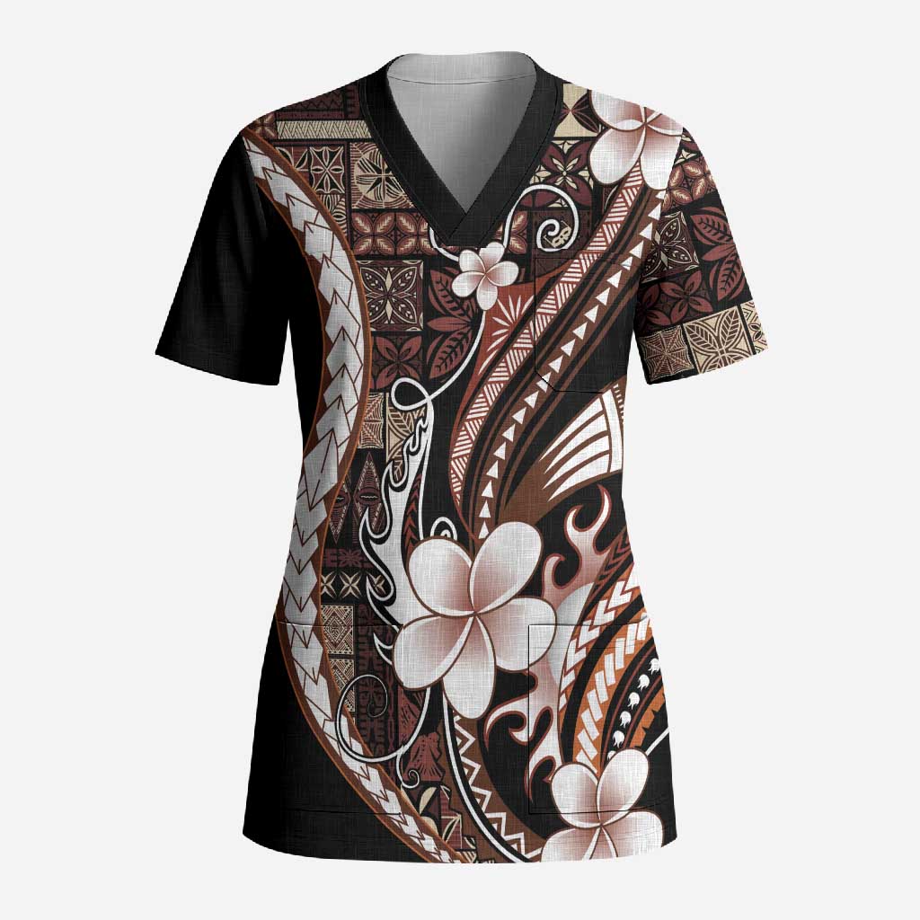 Samoa Siapo Tribal Pattern Scrub Top Brown Polynesian Plumeria Tapa Motif