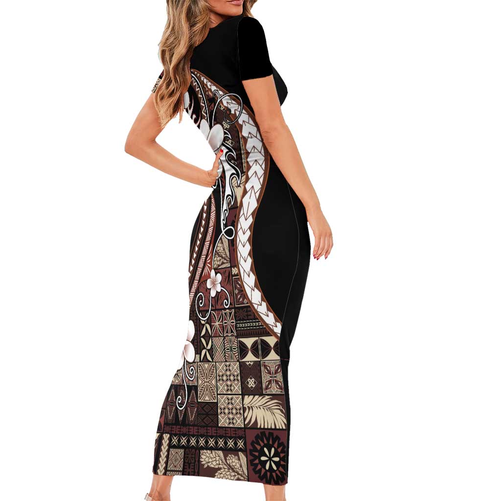 Samoa Siapo Tribal Pattern Short Sleeve Bodycon Dress Brown Polynesian Plumeria Tapa Motif LT9 - Polynesian Pride