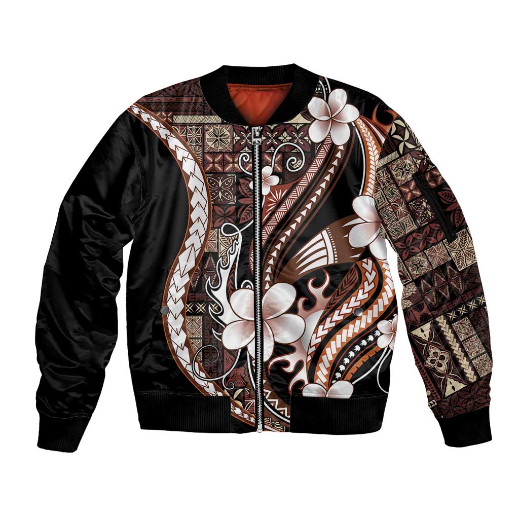 Samoa Siapo Tribal Pattern Sleeve Zip Bomber Jacket Brown Polynesian Plumeria Tapa Motif LT9 Unisex Brown - Polynesian Pride