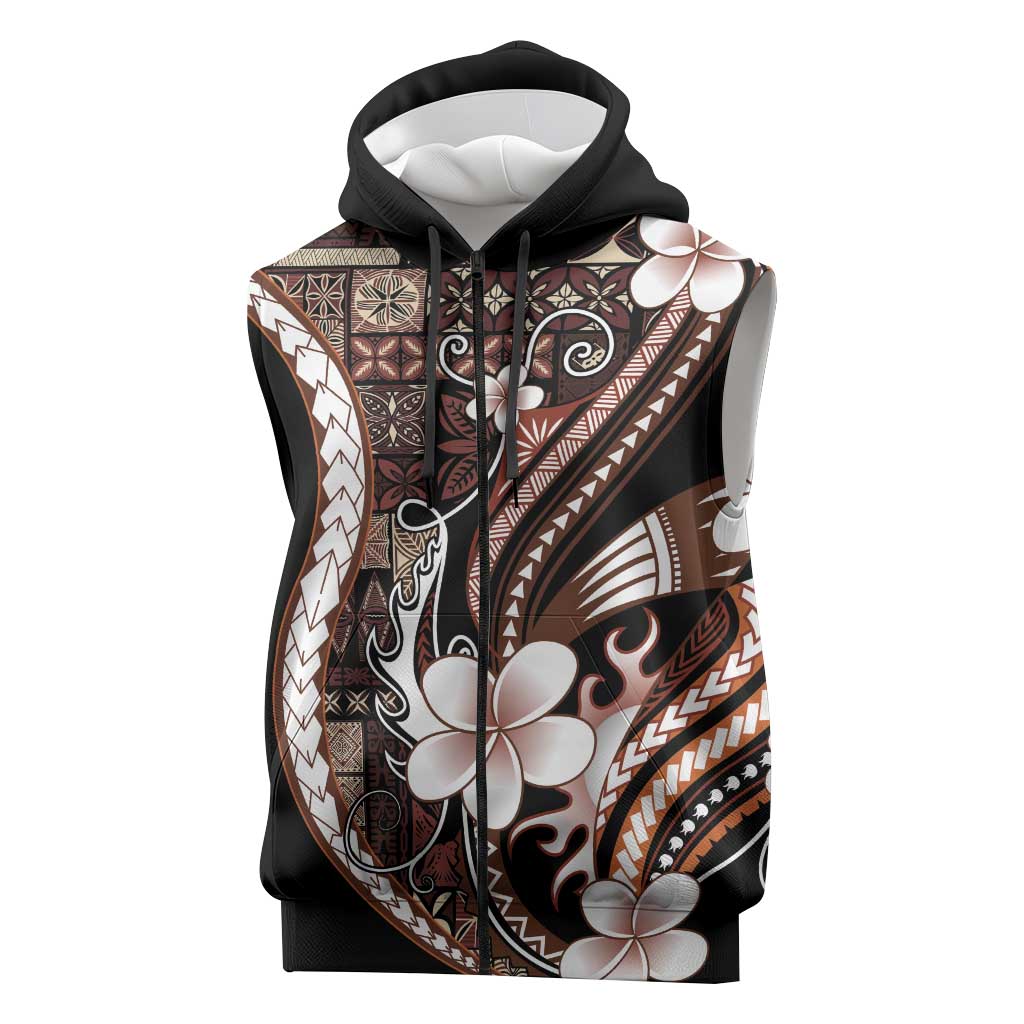 Samoa Siapo Tribal Pattern Sleeveless Zip Hoodie Brown Polynesian Plumeria Tapa Motif LT9 Brown - Polynesian Pride