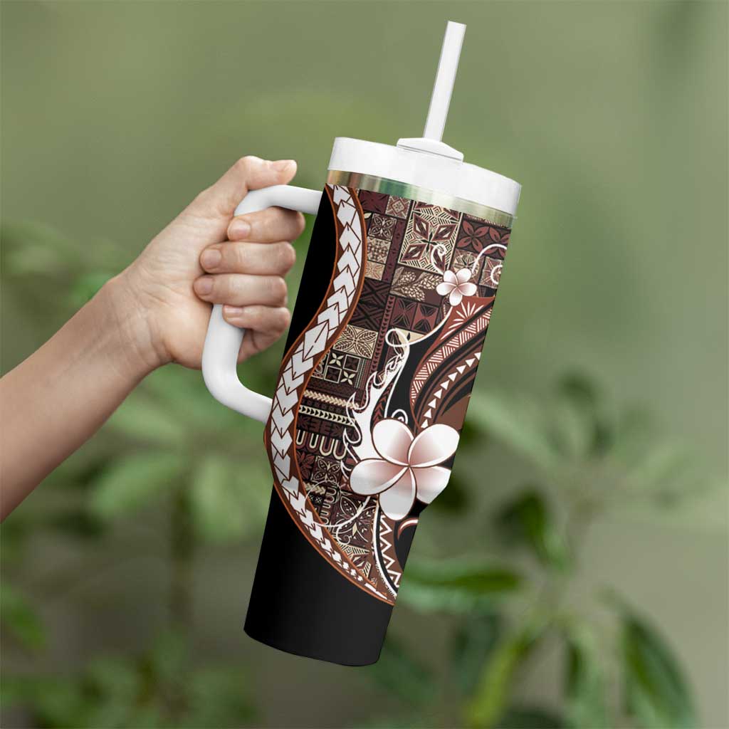 Samoa Siapo Tribal Pattern Tumbler With Handle Brown Polynesian Plumeria Tapa Motif LT9 - Polynesian Pride