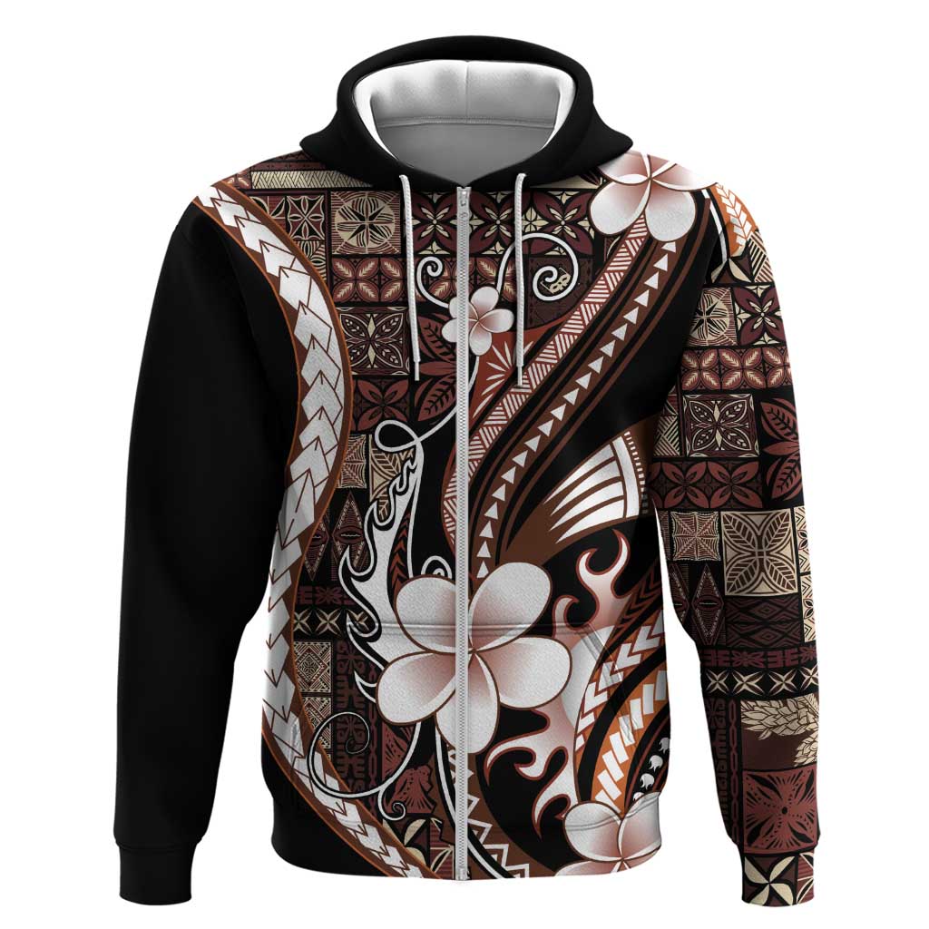 Samoa Siapo Tribal Pattern Zip Hoodie Brown Polynesian Plumeria Tapa Motif LT9 Zip Hoodie Brown - Polynesian Pride