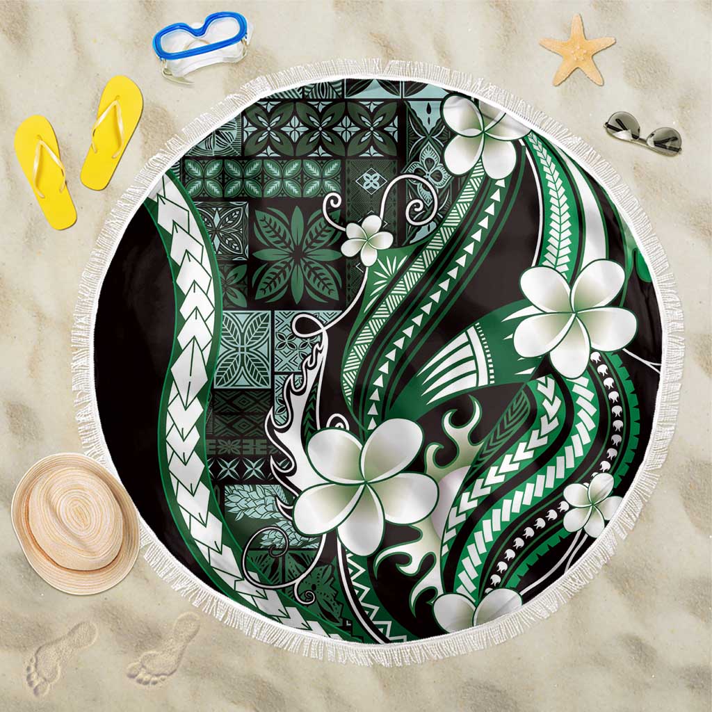 Samoa Siapo Tribal Pattern Beach Blanket Forest Green Polynesian Plumeria Tapa Motif