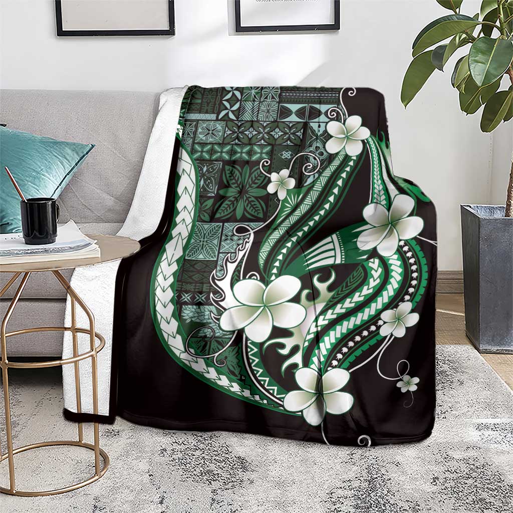Samoa Siapo Tribal Pattern Blanket Forest Green Polynesian Plumeria Tapa Motif