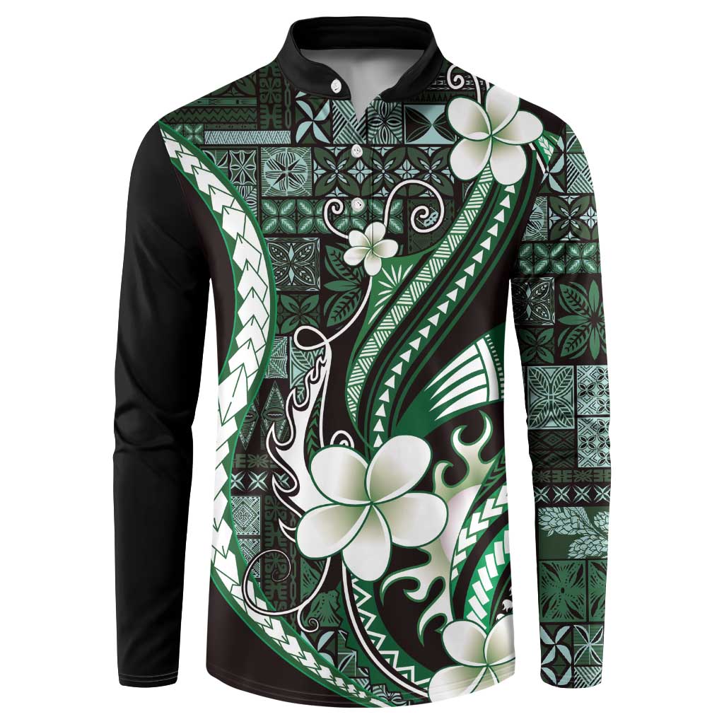 Samoa Siapo Tribal Pattern Button Sweatshirt Forest Green Polynesian Plumeria Tapa Motif LT9 Green - Polynesian Pride