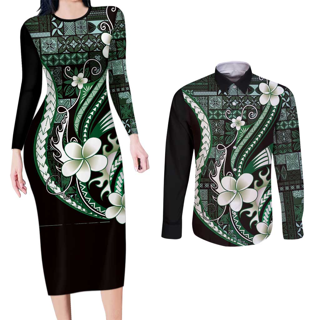 Samoa Siapo Tribal Pattern Couples Matching Long Sleeve Bodycon Dress and Long Sleeve Button Shirt Forest Green Polynesian Plumeria Tapa Motif