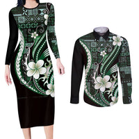 Samoa Siapo Tribal Pattern Couples Matching Long Sleeve Bodycon Dress and Long Sleeve Button Shirt Forest Green Polynesian Plumeria Tapa Motif