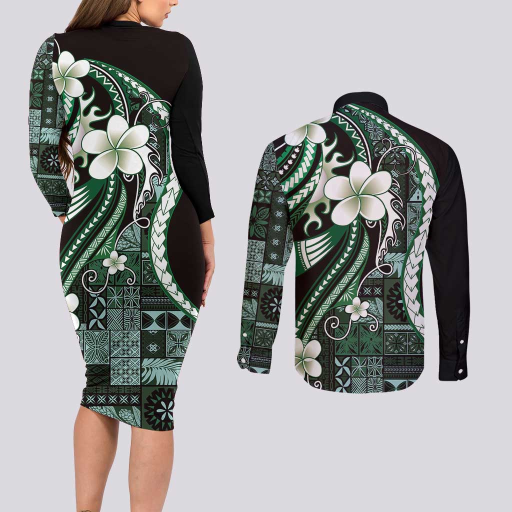 Samoa Siapo Tribal Pattern Couples Matching Long Sleeve Bodycon Dress and Long Sleeve Button Shirt Forest Green Polynesian Plumeria Tapa Motif