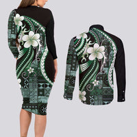Samoa Siapo Tribal Pattern Couples Matching Long Sleeve Bodycon Dress and Long Sleeve Button Shirt Forest Green Polynesian Plumeria Tapa Motif