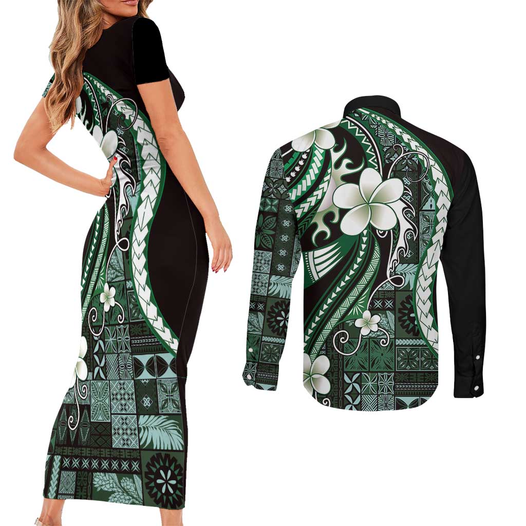 Samoa Siapo Tribal Pattern Couples Matching Short Sleeve Bodycon Dress and Long Sleeve Button Shirt Forest Green Polynesian Plumeria Tapa Motif