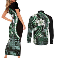 Samoa Siapo Tribal Pattern Couples Matching Short Sleeve Bodycon Dress and Long Sleeve Button Shirt Forest Green Polynesian Plumeria Tapa Motif