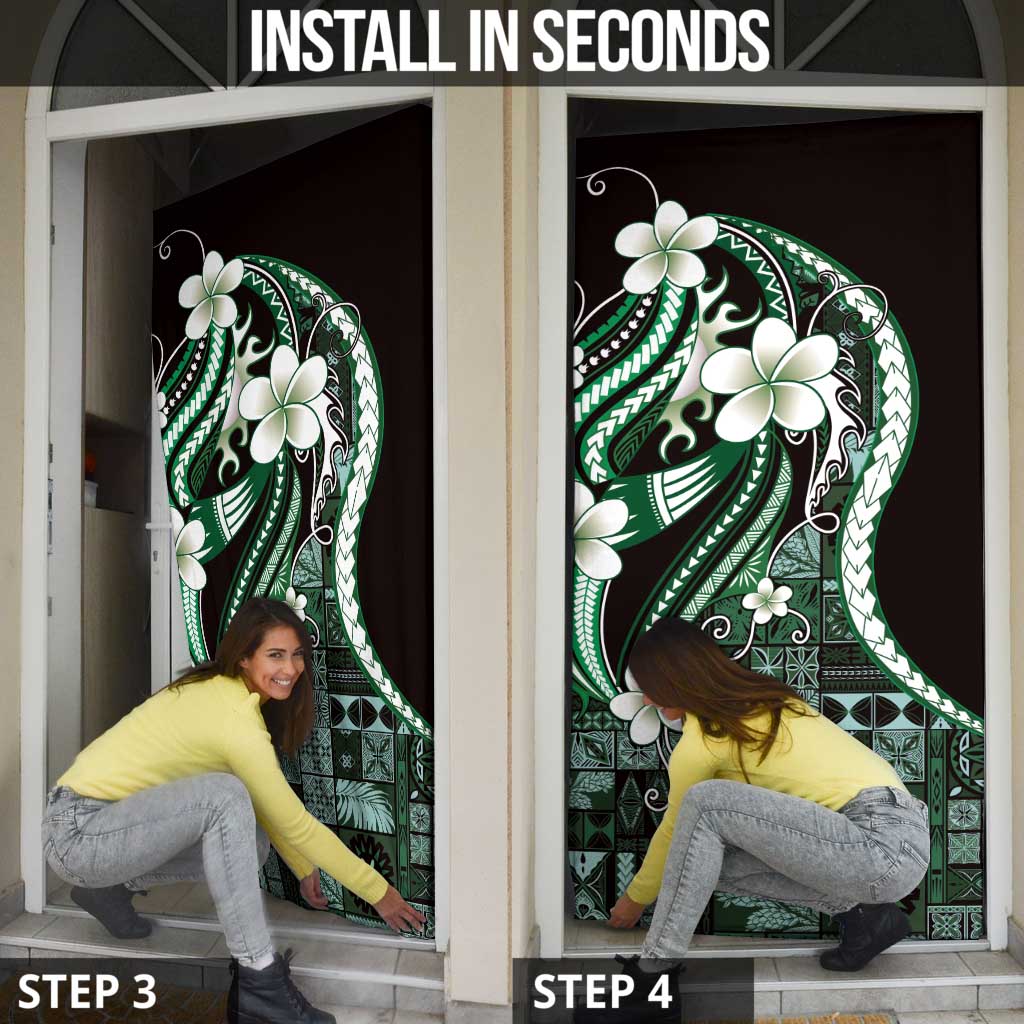 Samoa Siapo Tribal Pattern Door Cover Forest Green Polynesian Plumeria Tapa Motif