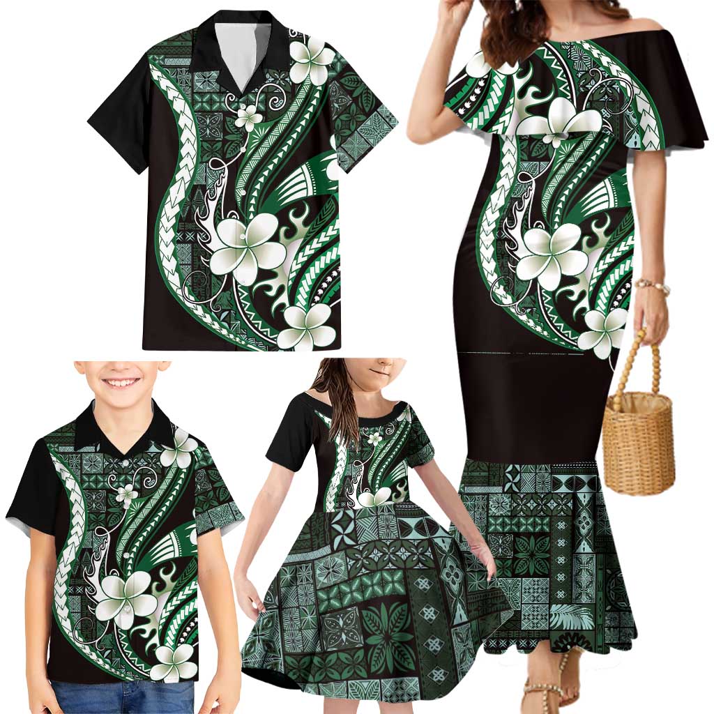 Samoa Siapo Tribal Pattern Family Matching Mermaid Dress and Hawaiian Shirt Forest Green Polynesian Plumeria Tapa Motif LT9 - Polynesian Pride