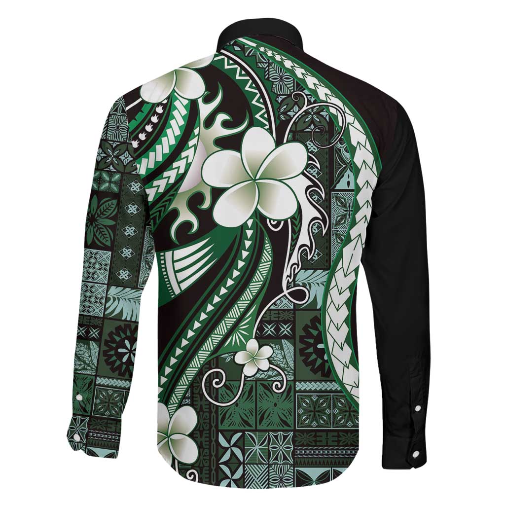 Samoa Siapo Tribal Pattern Family Matching Off The Shoulder Long Sleeve Dress and Hawaiian Shirt Forest Green Polynesian Plumeria Tapa Motif LT9 - Polynesian Pride