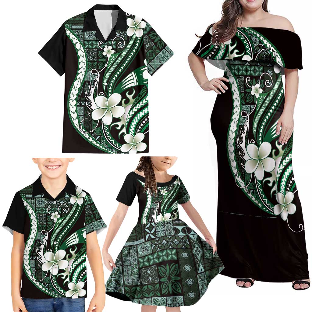 Samoa Siapo Tribal Pattern Family Matching Off Shoulder Maxi Dress and Hawaiian Shirt Forest Green Polynesian Plumeria Tapa Motif LT9 - Polynesian Pride