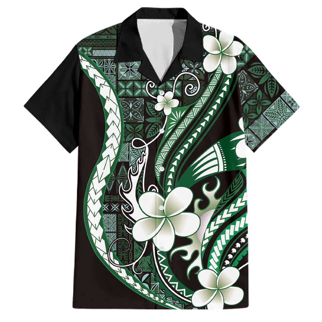 Samoa Siapo Tribal Pattern Family Matching Tank Maxi Dress and Hawaiian Shirt Forest Green Polynesian Plumeria Tapa Motif LT9 Dad's Shirt - Short Sleeve Green - Polynesian Pride