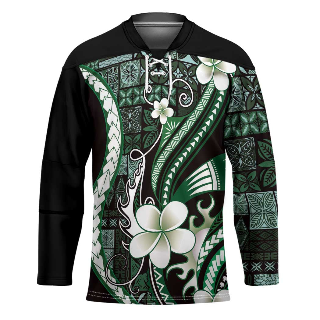 Samoa Siapo Tribal Pattern Hockey Jersey Forest Green Polynesian Plumeria Tapa Motif
