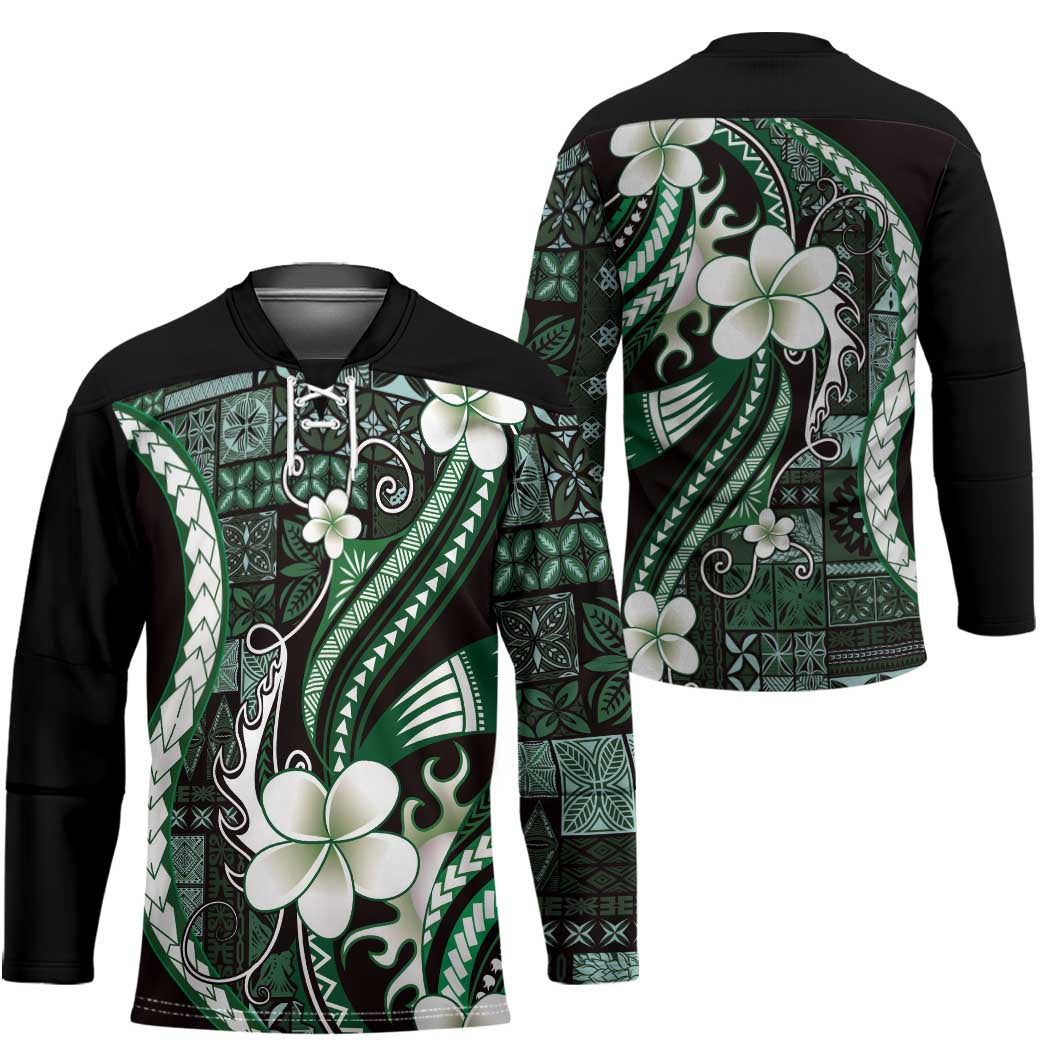 Samoa Siapo Tribal Pattern Hockey Jersey Forest Green Polynesian Plumeria Tapa Motif