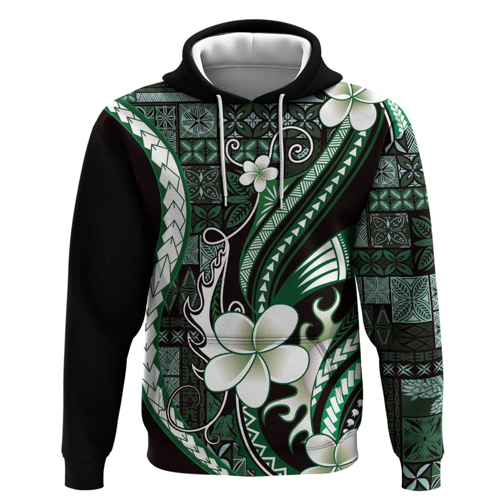 Samoa Siapo Tribal Pattern Hoodie Forest Green Polynesian Plumeria Tapa Motif