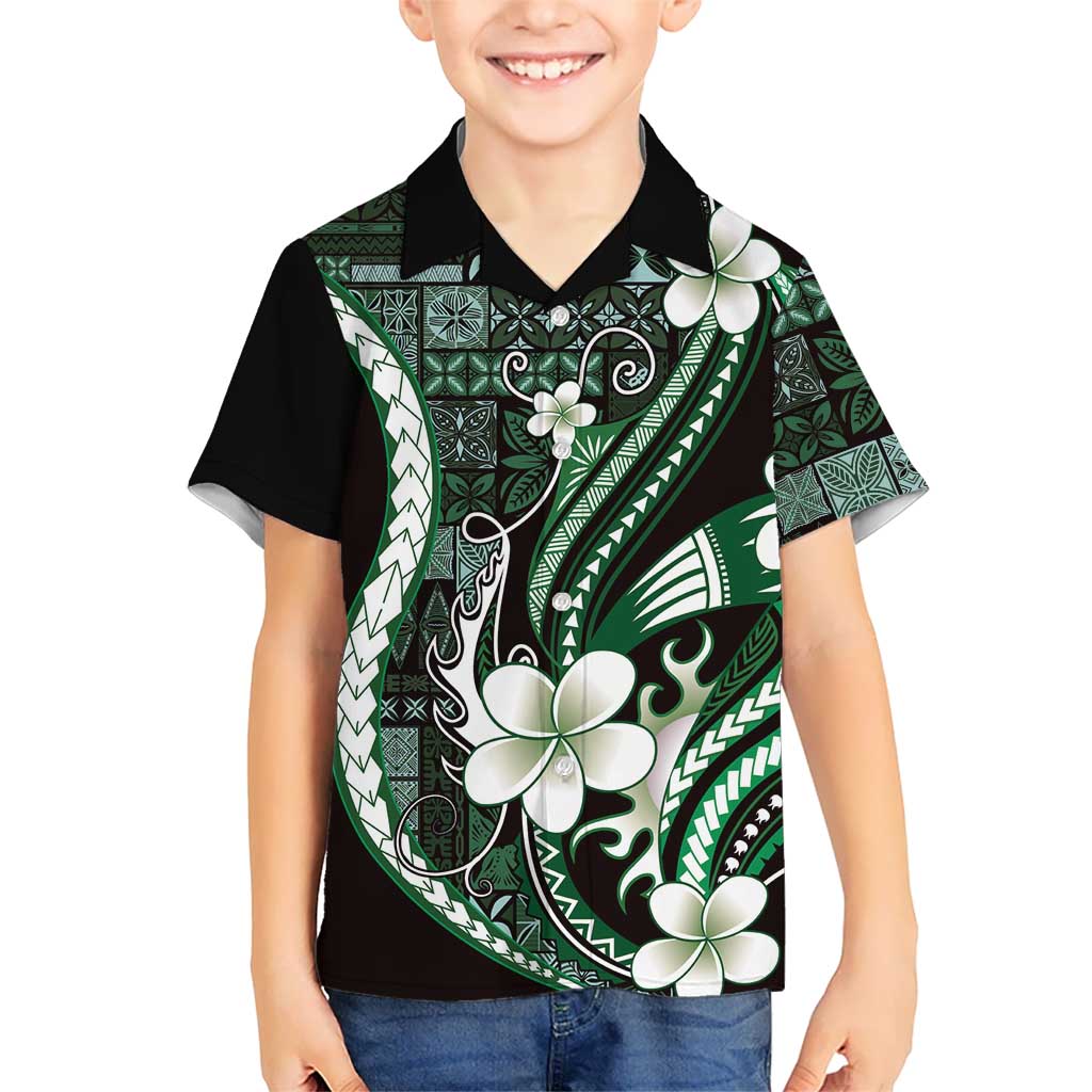 Samoa Siapo Tribal Pattern Kid Hawaiian Shirt Forest Green Polynesian Plumeria Tapa Motif LT9 Kid Green - Polynesian Pride