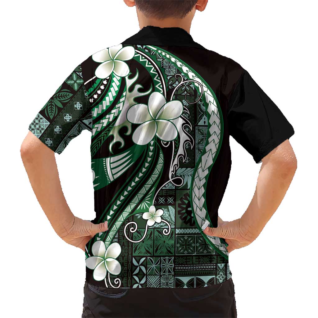 Samoa Siapo Tribal Pattern Kid Hawaiian Shirt Forest Green Polynesian Plumeria Tapa Motif LT9 - Polynesian Pride