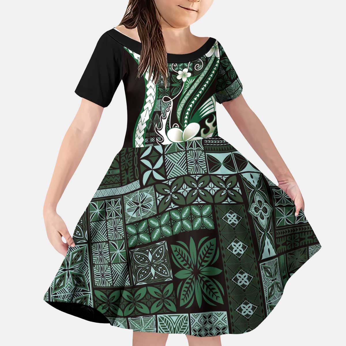 Samoa Siapo Tribal Pattern Kid Short Sleeve Dress Forest Green Polynesian Plumeria Tapa Motif