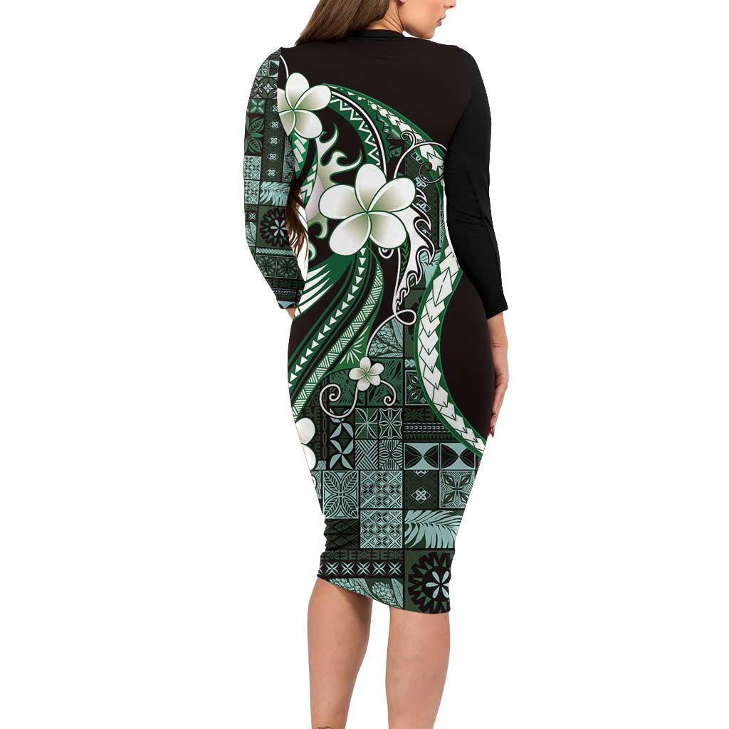 Samoa Siapo Tribal Pattern Long Sleeve Bodycon Dress Forest Green Polynesian Plumeria Tapa Motif LT9 - Polynesian Pride