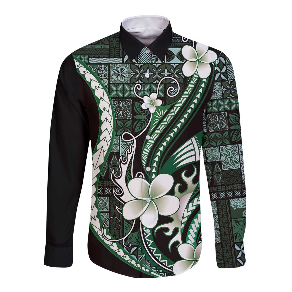Samoa Siapo Tribal Pattern Long Sleeve Button Shirt Forest Green Polynesian Plumeria Tapa Motif