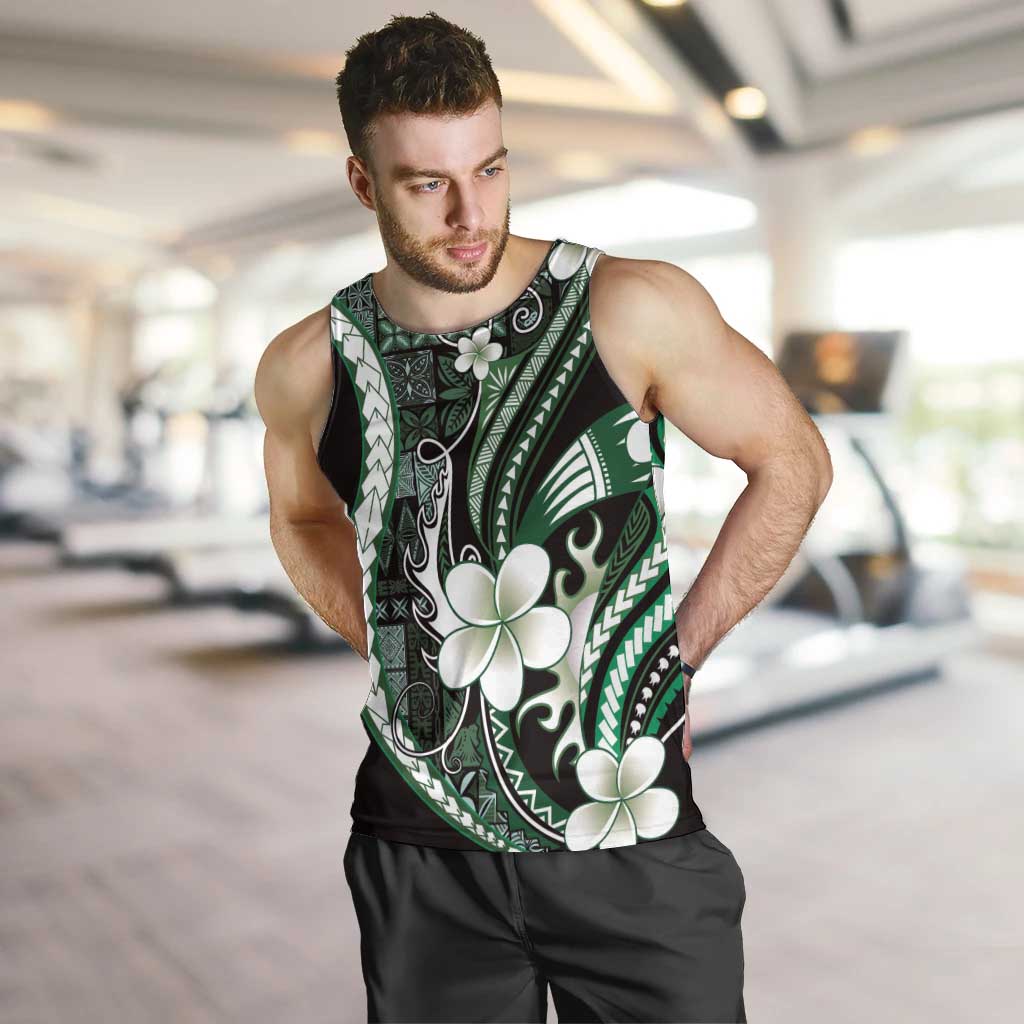 Samoa Siapo Tribal Pattern Men Tank Top Forest Green Polynesian Plumeria Tapa Motif