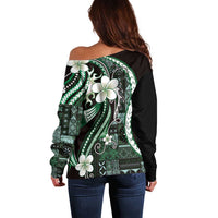 Samoa Siapo Tribal Pattern Off Shoulder Sweater Forest Green Polynesian Plumeria Tapa Motif