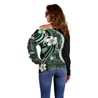 Samoa Siapo Tribal Pattern Off Shoulder Sweater Forest Green Polynesian Plumeria Tapa Motif