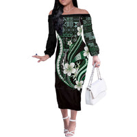 Samoa Siapo Tribal Pattern Off The Shoulder Long Sleeve Dress Forest Green Polynesian Plumeria Tapa Motif LT9 Women Green - Polynesian Pride