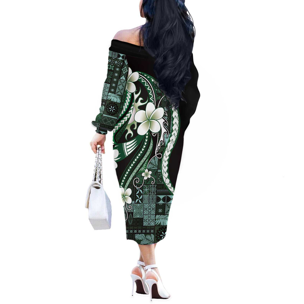 Samoa Siapo Tribal Pattern Off The Shoulder Long Sleeve Dress Forest Green Polynesian Plumeria Tapa Motif LT9 - Polynesian Pride