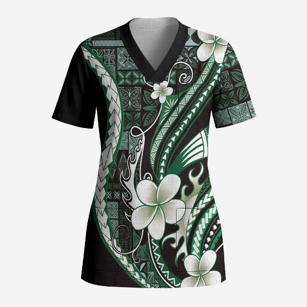 Samoa Siapo Tribal Pattern Scrub Top Forest Green Polynesian Plumeria Tapa Motif