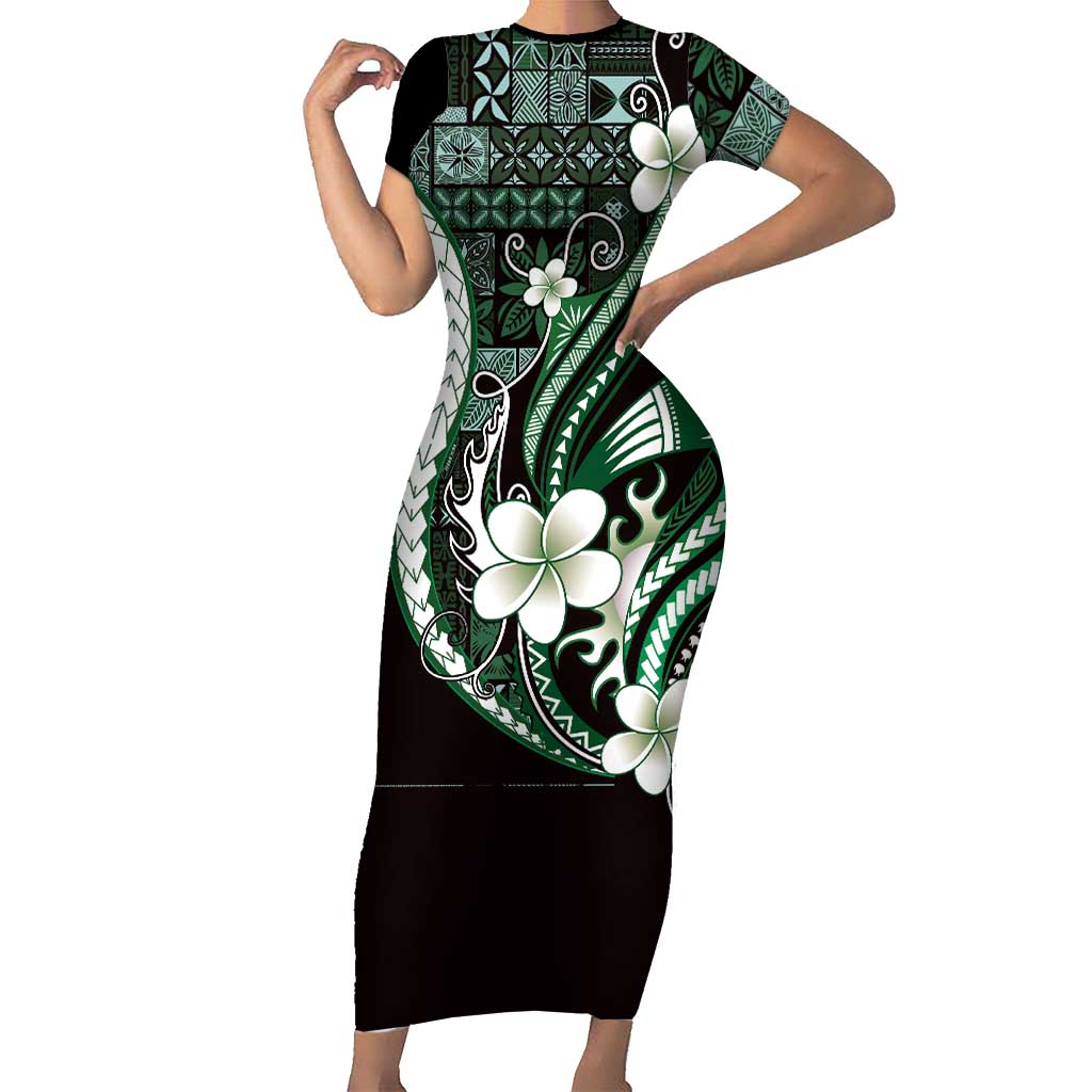 Samoa Siapo Tribal Pattern Short Sleeve Bodycon Dress Forest Green Polynesian Plumeria Tapa Motif LT9 Long Dress Green - Polynesian Pride