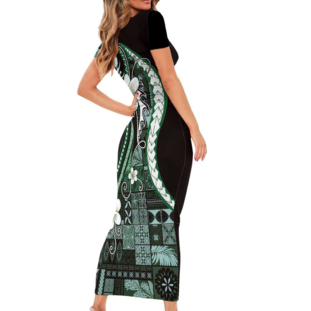 Samoa Siapo Tribal Pattern Short Sleeve Bodycon Dress Forest Green Polynesian Plumeria Tapa Motif LT9 - Polynesian Pride