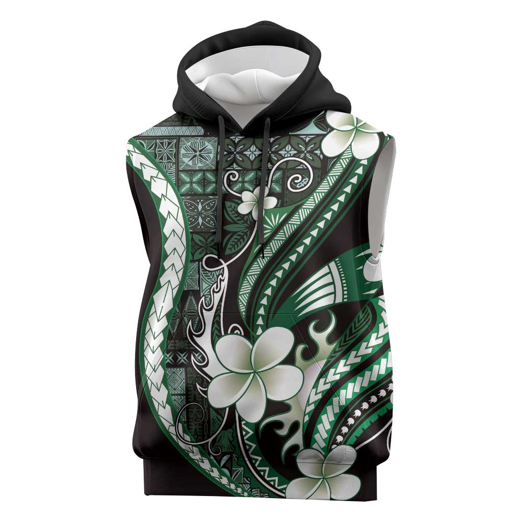 Samoa Siapo Tribal Pattern Sleeveless Hoodie Forest Green Polynesian Plumeria Tapa Motif