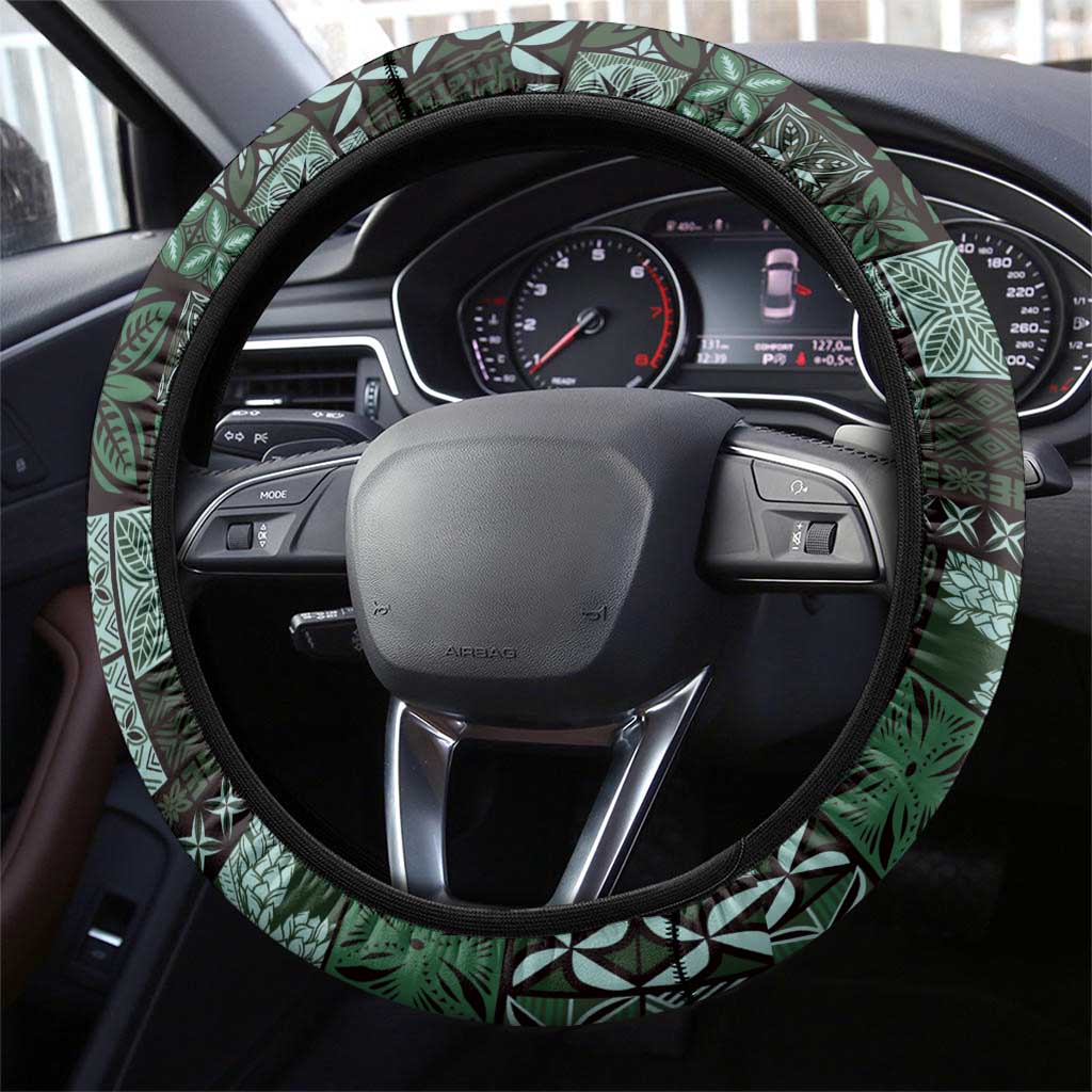 Samoa Siapo Tribal Pattern Steering Wheel Cover Forest Green Polynesian Plumeria Tapa Motif LT9 - Polynesian Pride