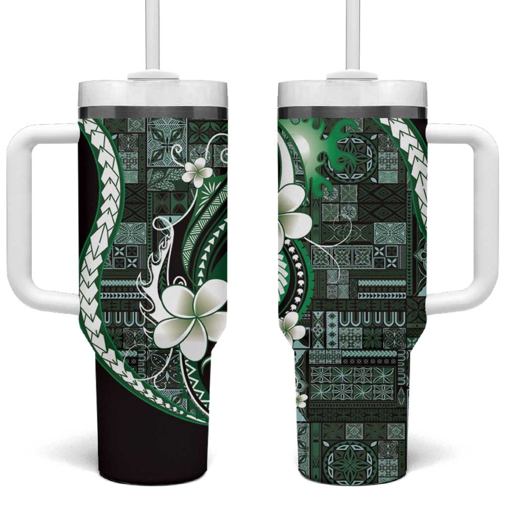 Samoa Siapo Tribal Pattern Tumbler With Handle Forest Green Polynesian Plumeria Tapa Motif LT9 One Size: 40 oz Green - Polynesian Pride