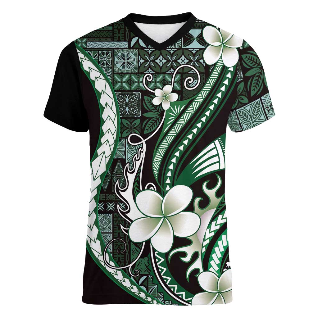 Samoa Siapo Tribal Pattern Women V-Neck T-Shirt Forest Green Polynesian Plumeria Tapa Motif