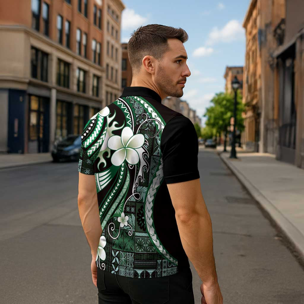 Samoa Siapo Tribal Pattern Zipper Polo Shirt Forest Green Polynesian Plumeria Tapa Motif LT9 - Polynesian Pride