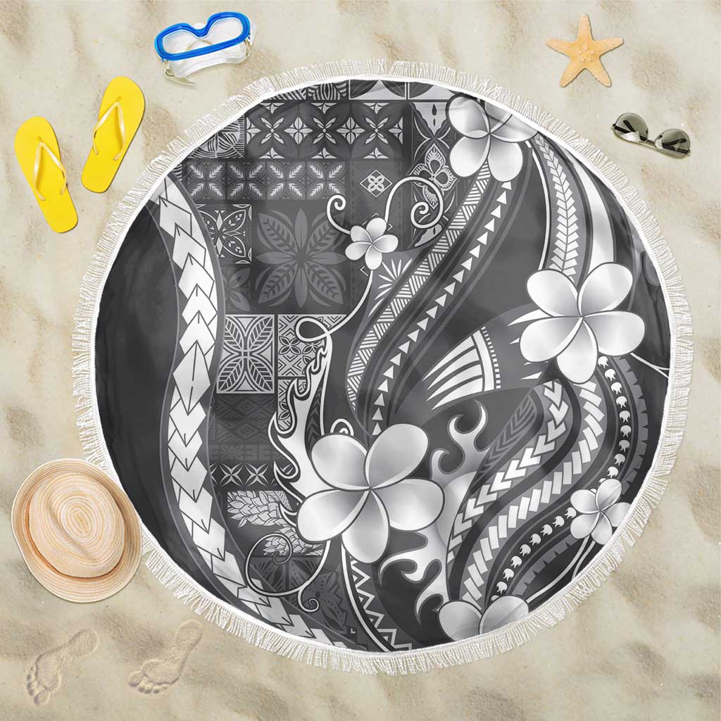 Samoa Siapo Tribal Pattern Beach Blanket Light Gray Polynesian Plumeria Tapa Motif